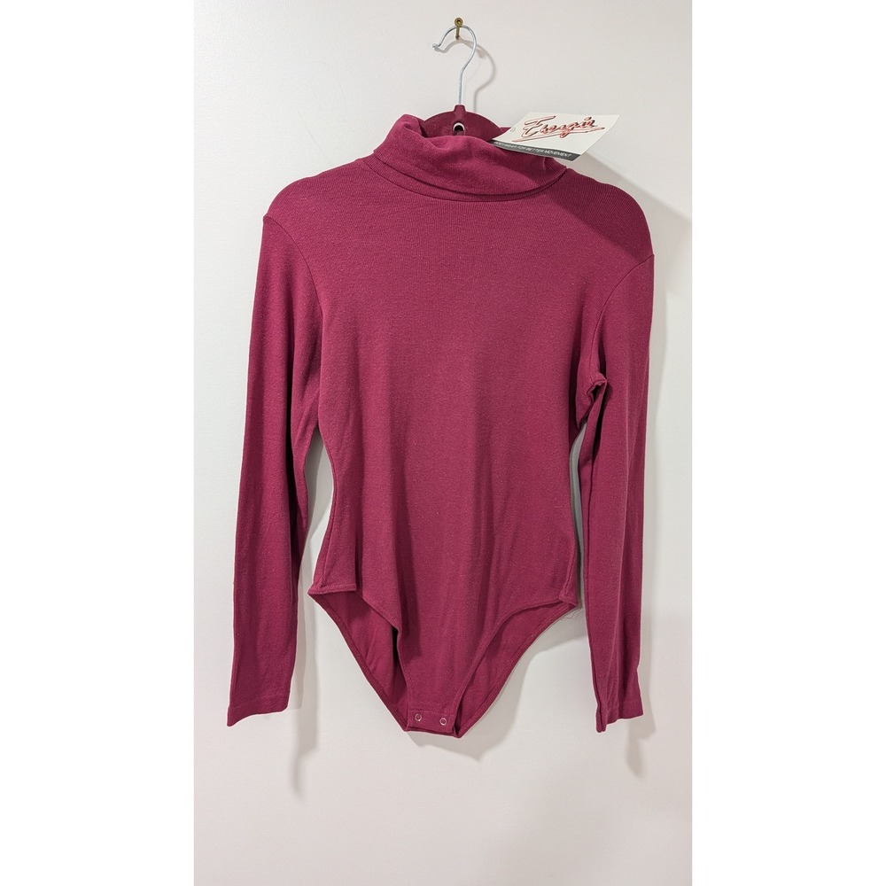 Vtg 90's Energie Burgundy Ribbed Turtleneck Bodysuit Long Sleeve Snap Closure L